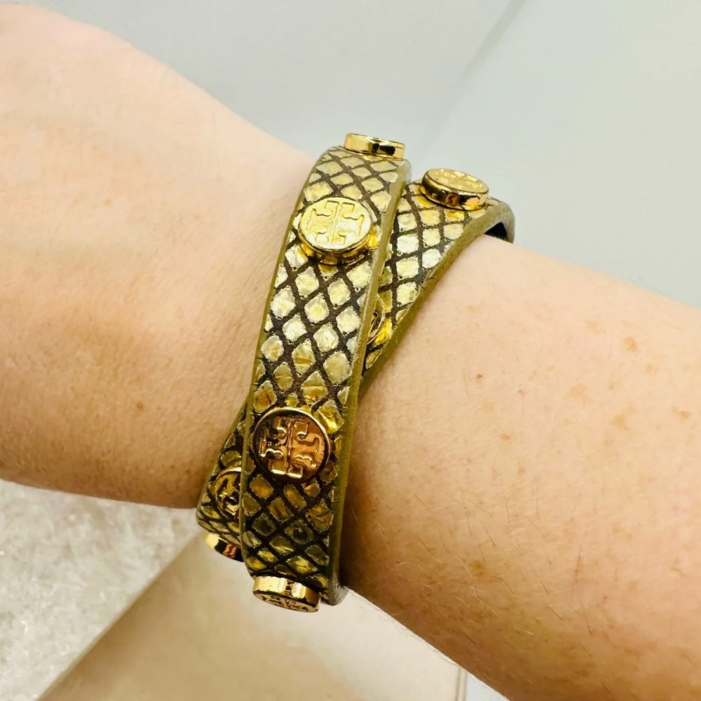 EUC Tory Burch Miller Stud Double Wrap Metallic Gold Exotic Snakeskin Bracelet